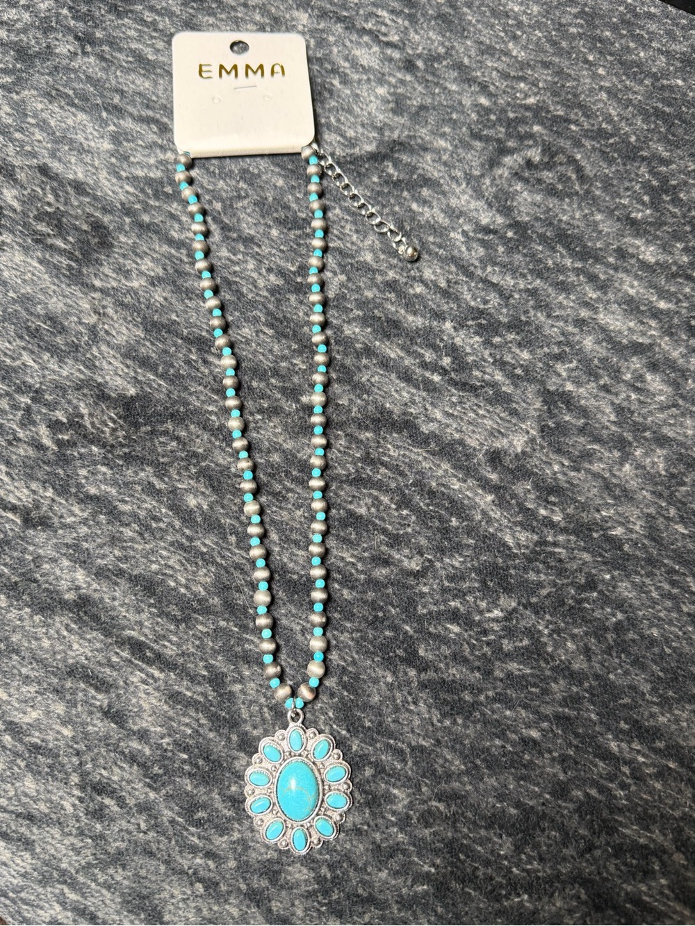 NWT EMMA Turquoise Concho Pendant Necklace Western Cowgirl Boho Silver
